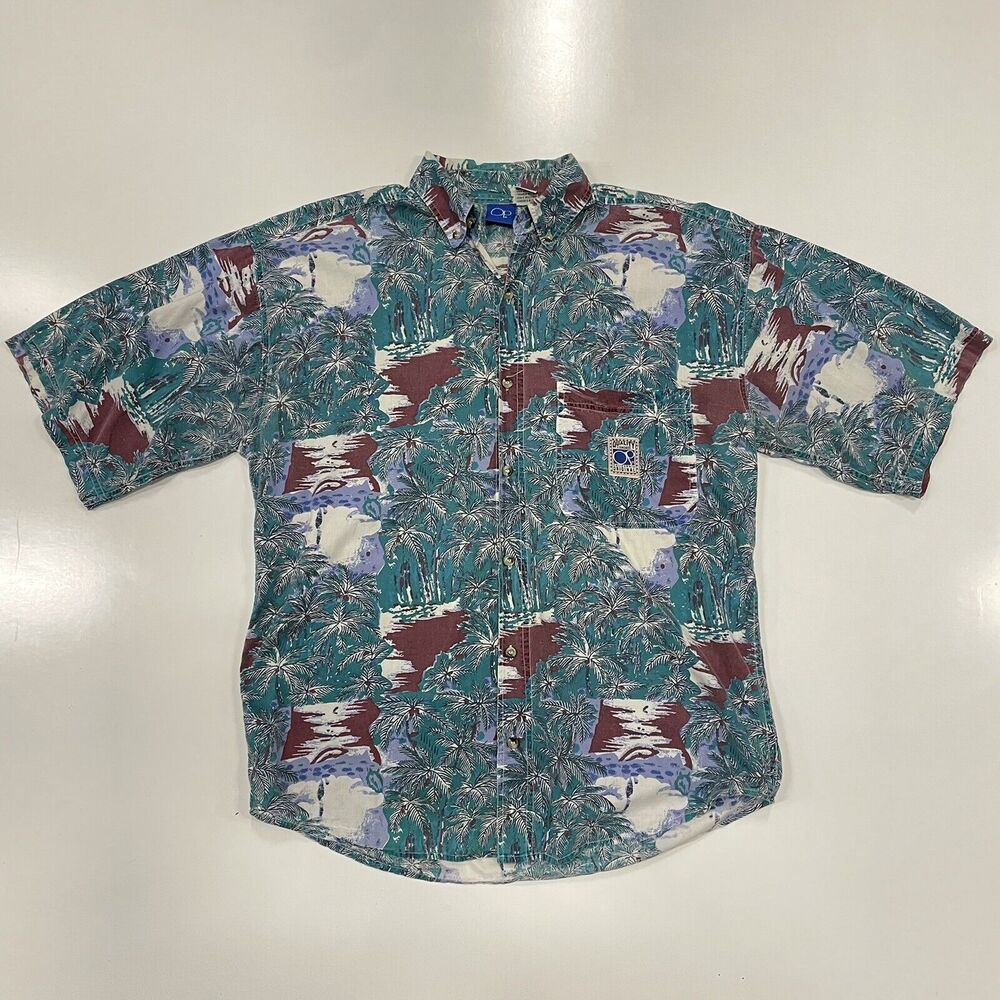 Vintage 90’s OP Ocean Pacific Aloha Shirt Palm Tree Graffiti Art Men’s Size L